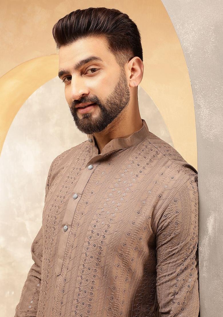 Brown Embroidered Cotton Kurta Set For Men - Indya