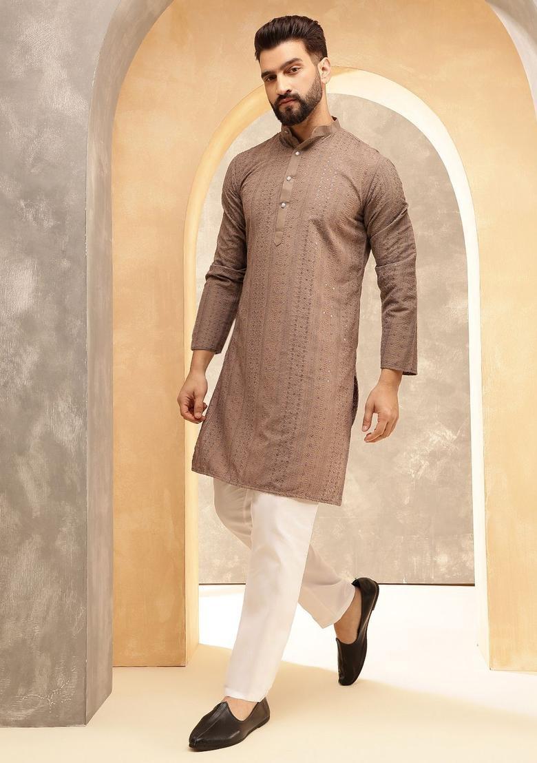 Brown Embroidered Cotton Kurta Set For Men - Indya