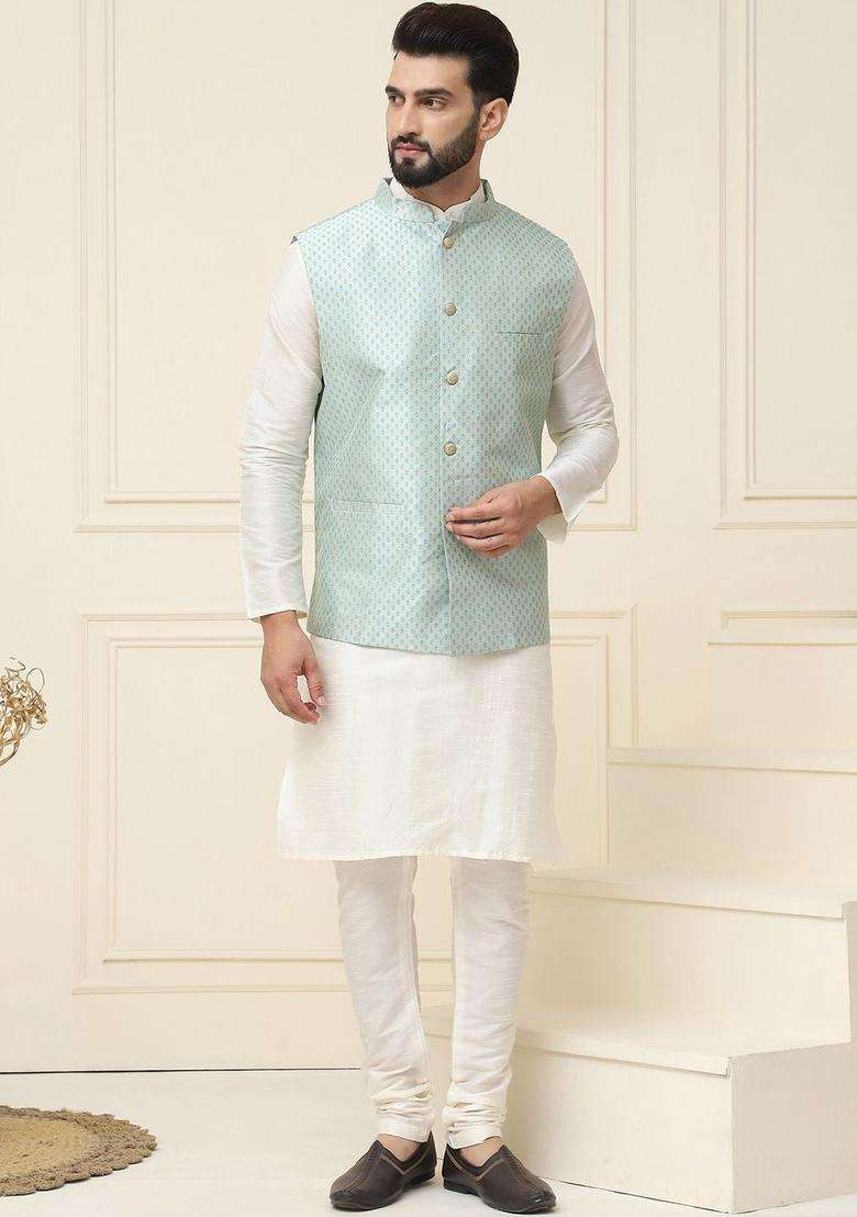 Beige Self Design Silk Blend Kurta Set For Men - Indya