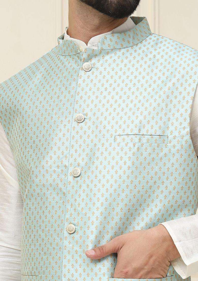 Beige Self Design Silk Blend Kurta Set For Men - Indya