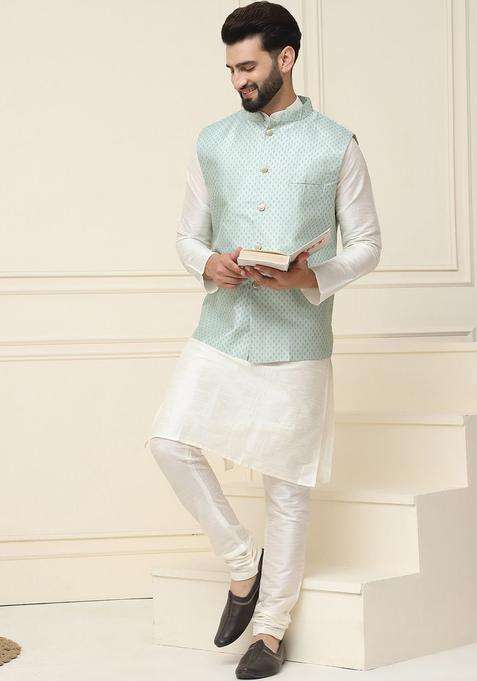 Beige Self Design Silk Blend Kurta Set For Men