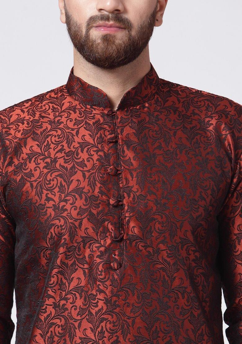 Maroon Self Design Silk Kurta Set For Men - Indya