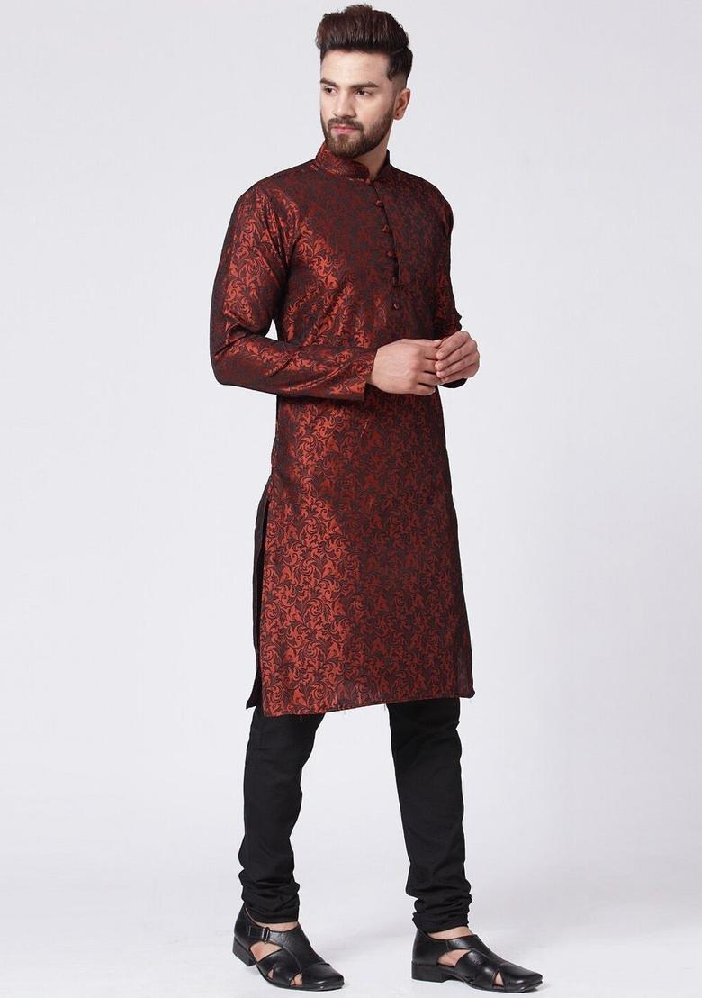 Maroon Self Design Silk Kurta Set For Men - Indya
