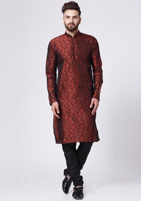 Maroon Self Design Silk Kurta Set For Men