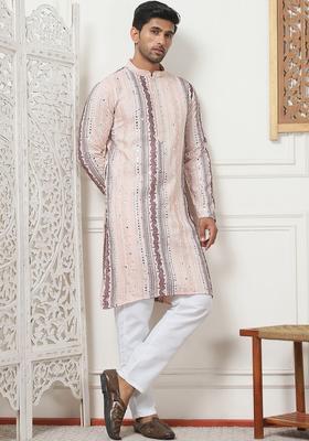 Pink Embroidered Silk Kurta Set For Men