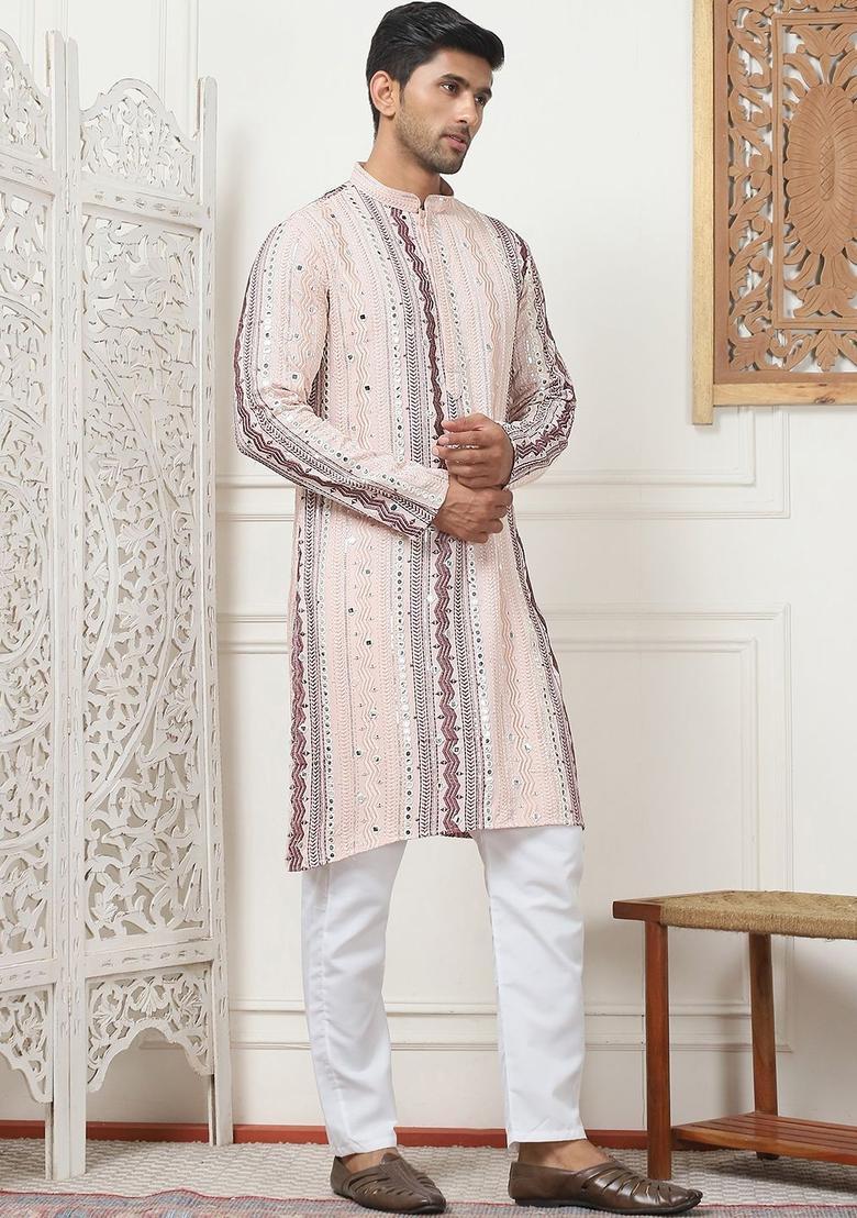 Pink Embroidered Silk Kurta Set For Men - Indya