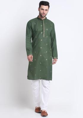 Olive Embroidered Cotton Kurta Set For Men
