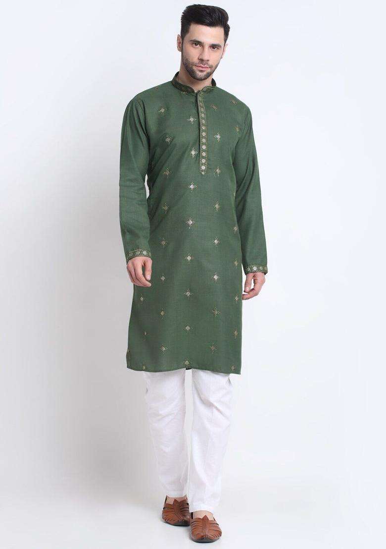 Olive Embroidered Cotton Kurta Set For Men - Indya