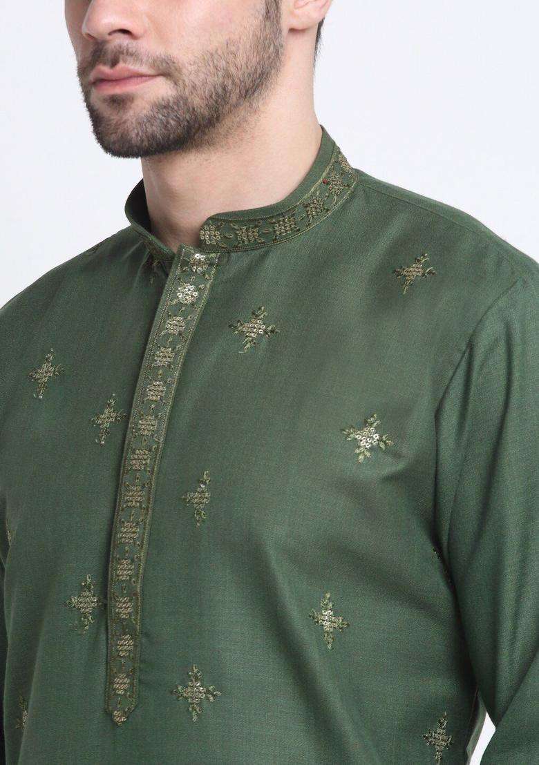 Olive Embroidered Cotton Kurta Set For Men - Indya