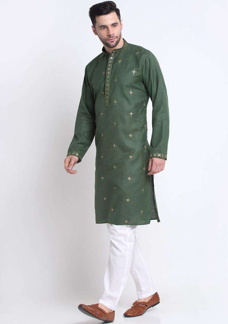 Olive Embroidered Cotton Kurta Set For Men - Indya