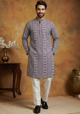 Purple Printed Silk Kurta Set For Men