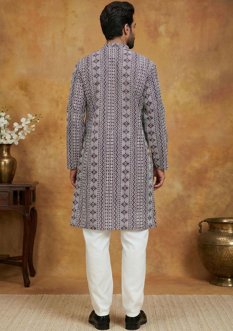 Purple Printed Silk Kurta Set For Men - Indya