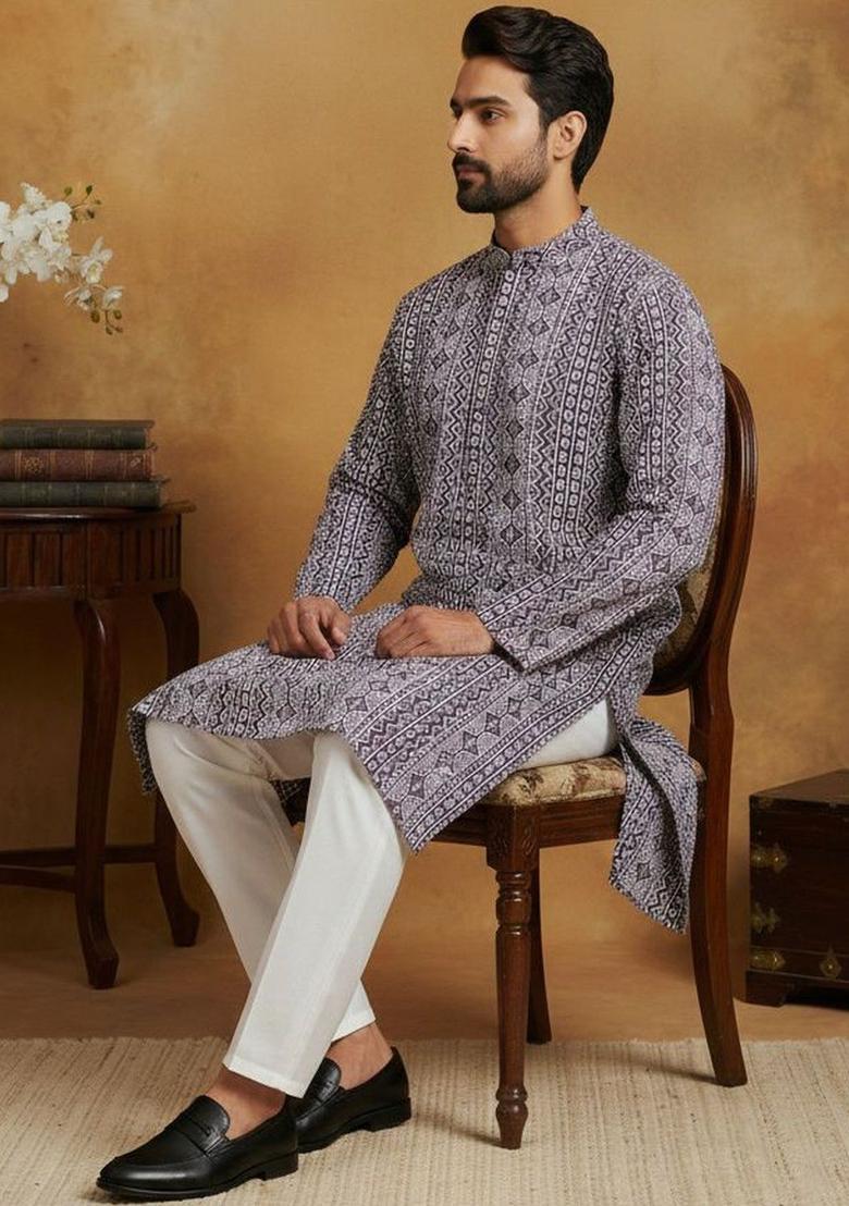 Purple Printed Silk Kurta Set For Men - Indya