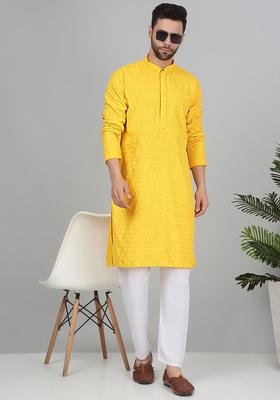 Yellow Self Design Cotton Kurta Set For Men