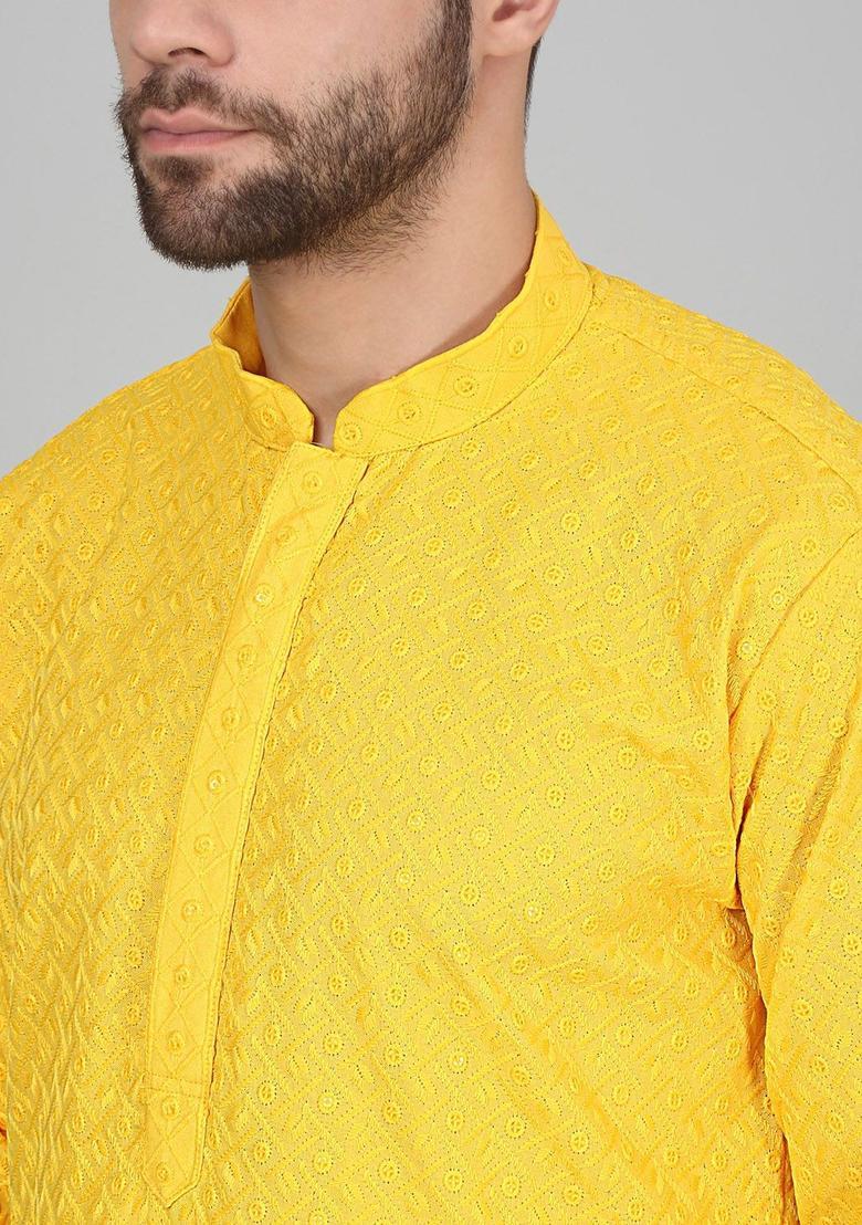 Yellow Self Design Cotton Kurta Set For Men - Indya