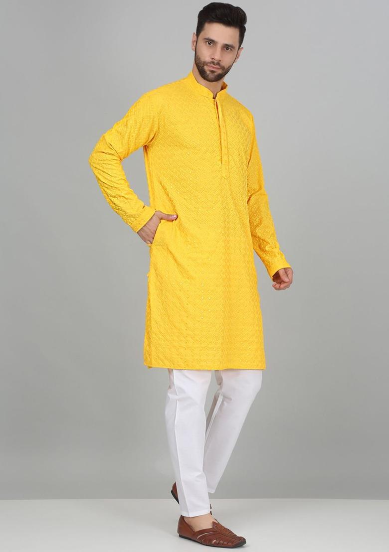 Yellow Self Design Cotton Kurta Set For Men - Indya