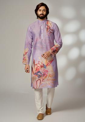 Purple Printed Silk Kurta Set For Men