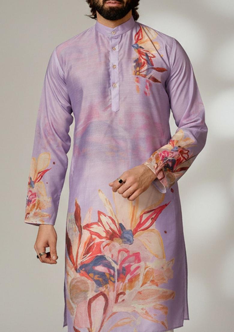 Purple Printed Silk Kurta Set For Men - Indya