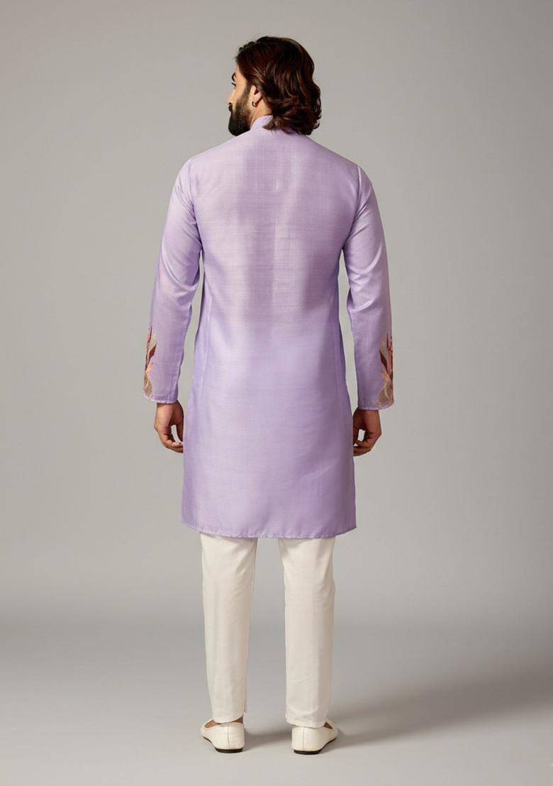 Purple Printed Silk Kurta Set For Men - Indya