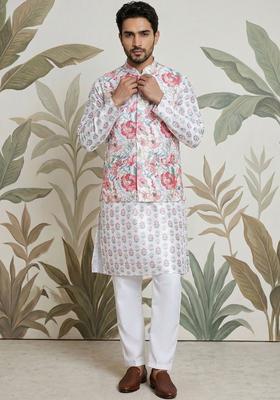 White Printed Silk Kurta Set For Men