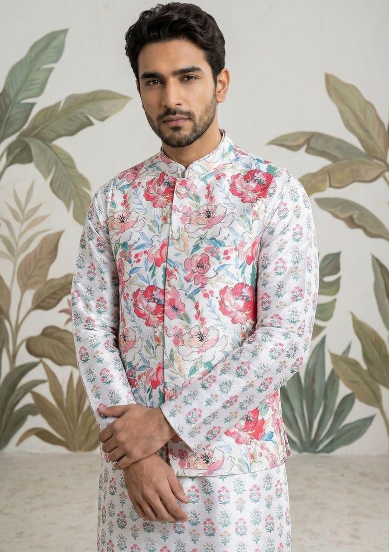 White Printed Silk Kurta Set For Men - Indya