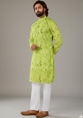 Green Dyed Polyester Kurta Set For Men