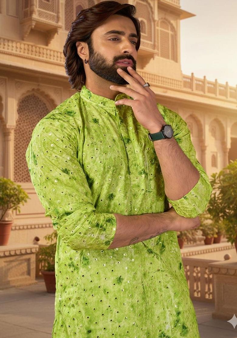 Green Dyed Polyester Kurta Set For Men - Indya