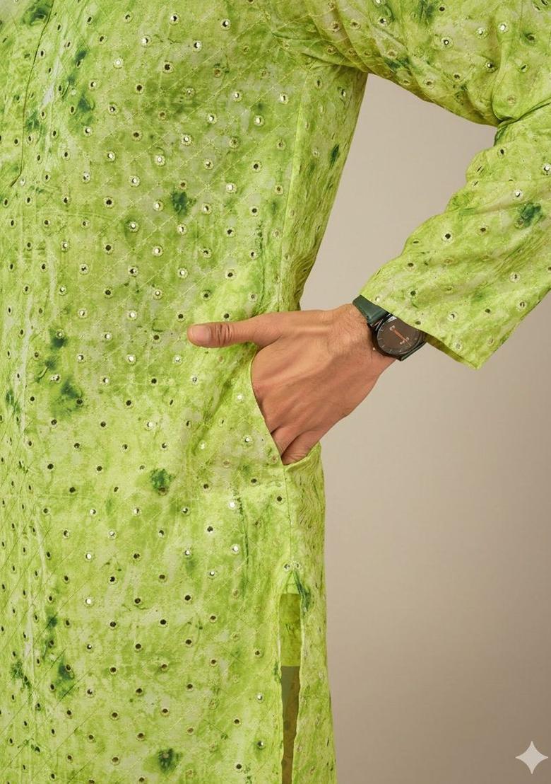 Green Dyed Polyester Kurta Set For Men - Indya