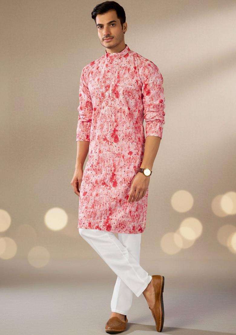 Red Printed Cotton Kurta Set For Men - Indya