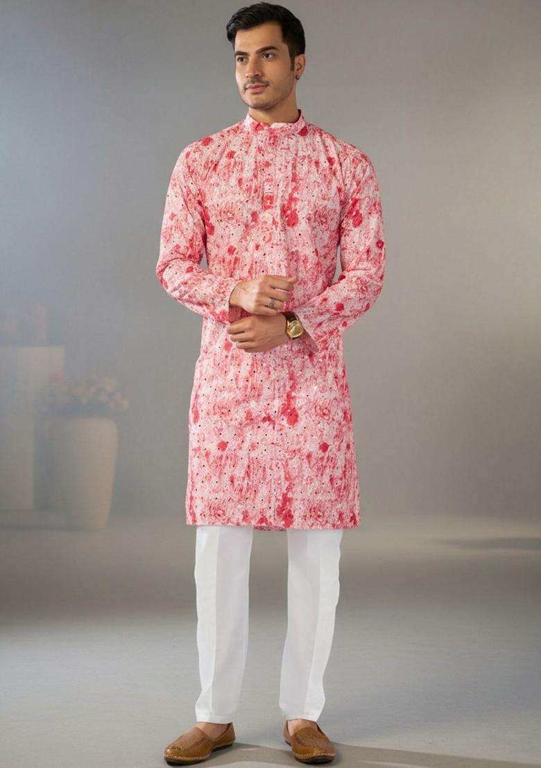 Red Printed Cotton Kurta Set For Men - Indya