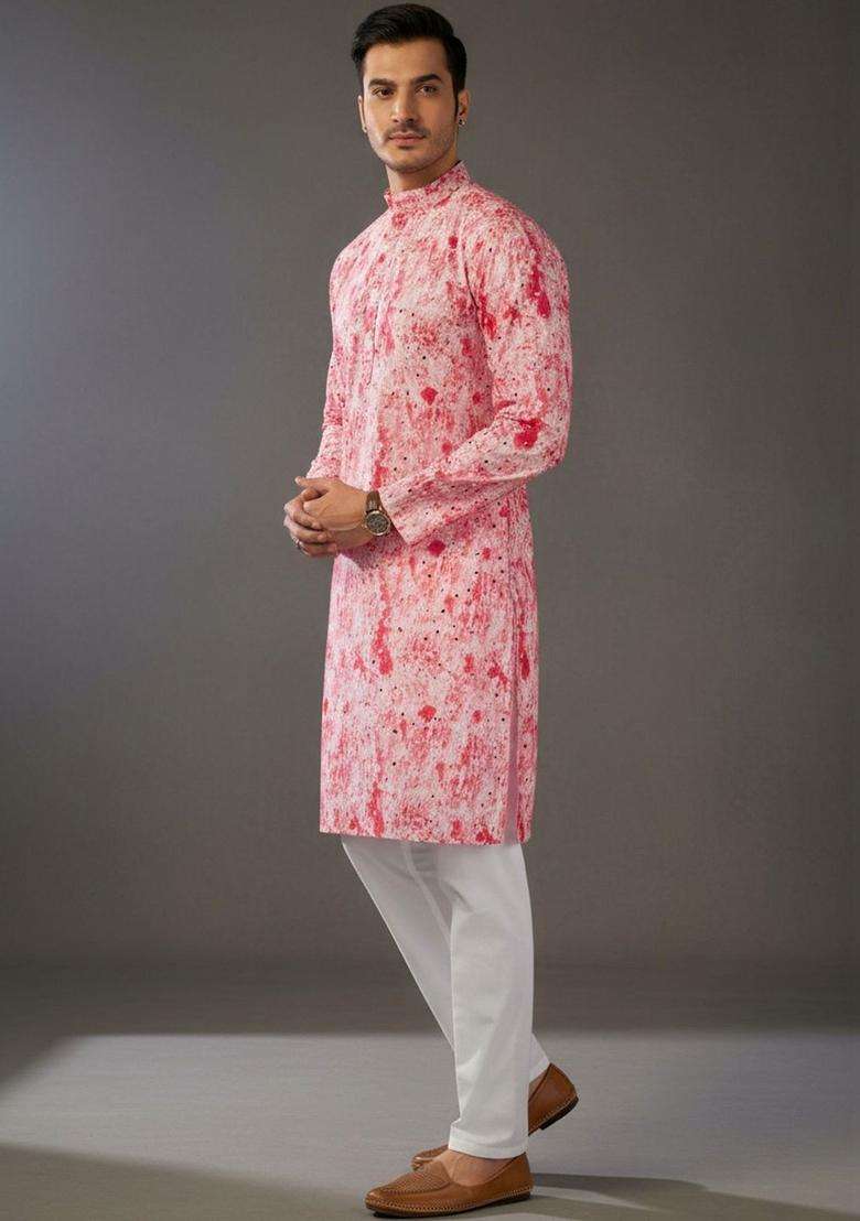 Red Printed Cotton Kurta Set For Men - Indya