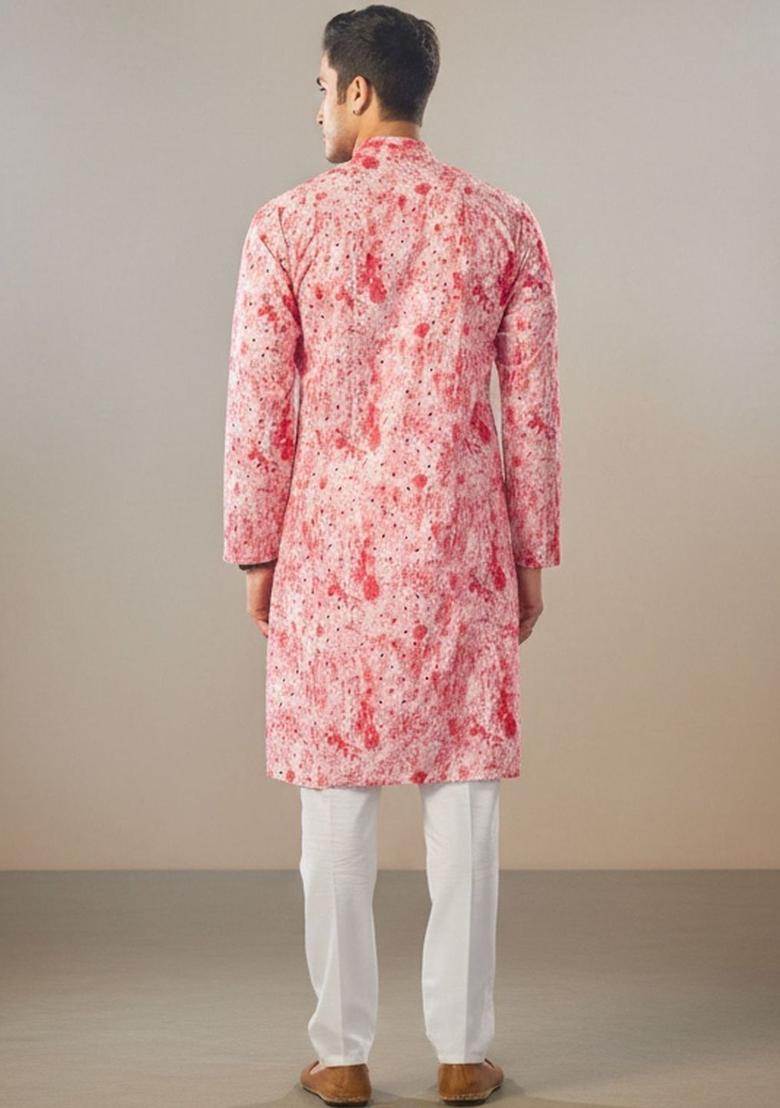 Red Printed Cotton Kurta Set For Men - Indya