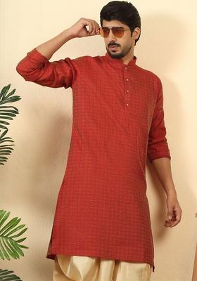 Red Printed Silk Kurta Set For Men