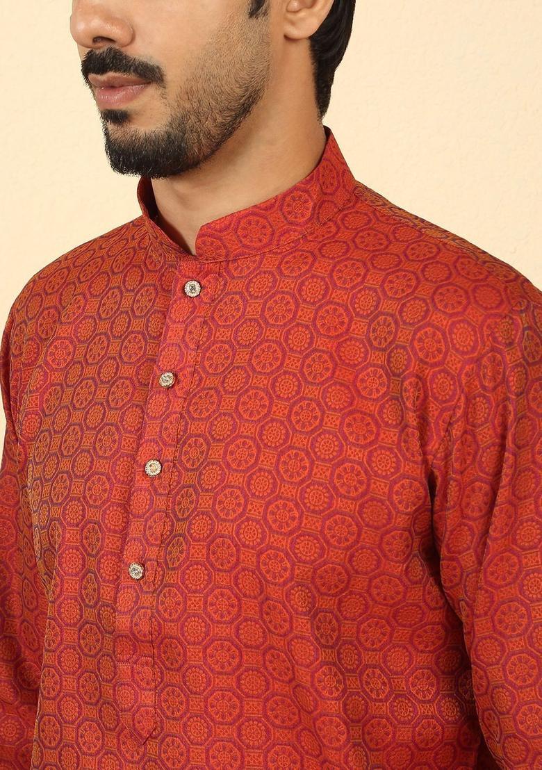 Red Printed Silk Kurta Set For Men - Indya