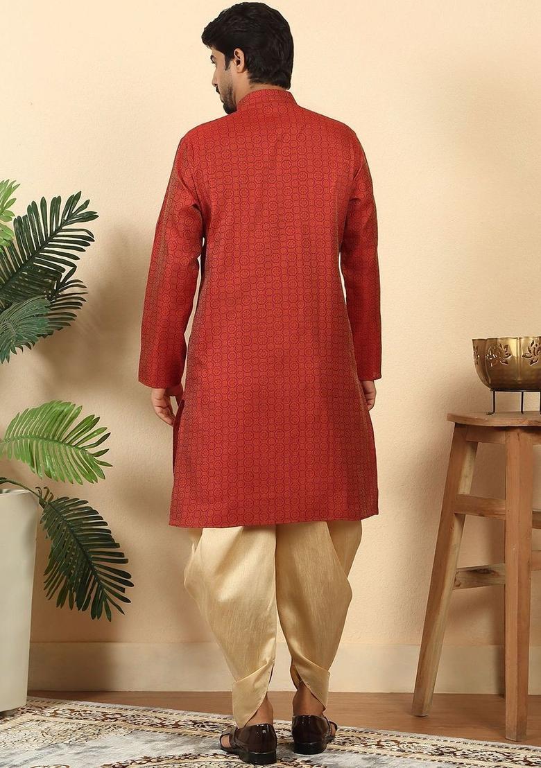 Red Printed Silk Kurta Set For Men - Indya