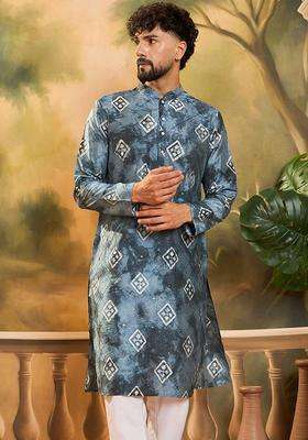 Blue Printed Viscose Kurta Set For Men