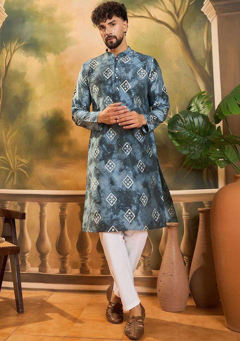 Blue Printed Viscose Kurta Set For Men - Indya