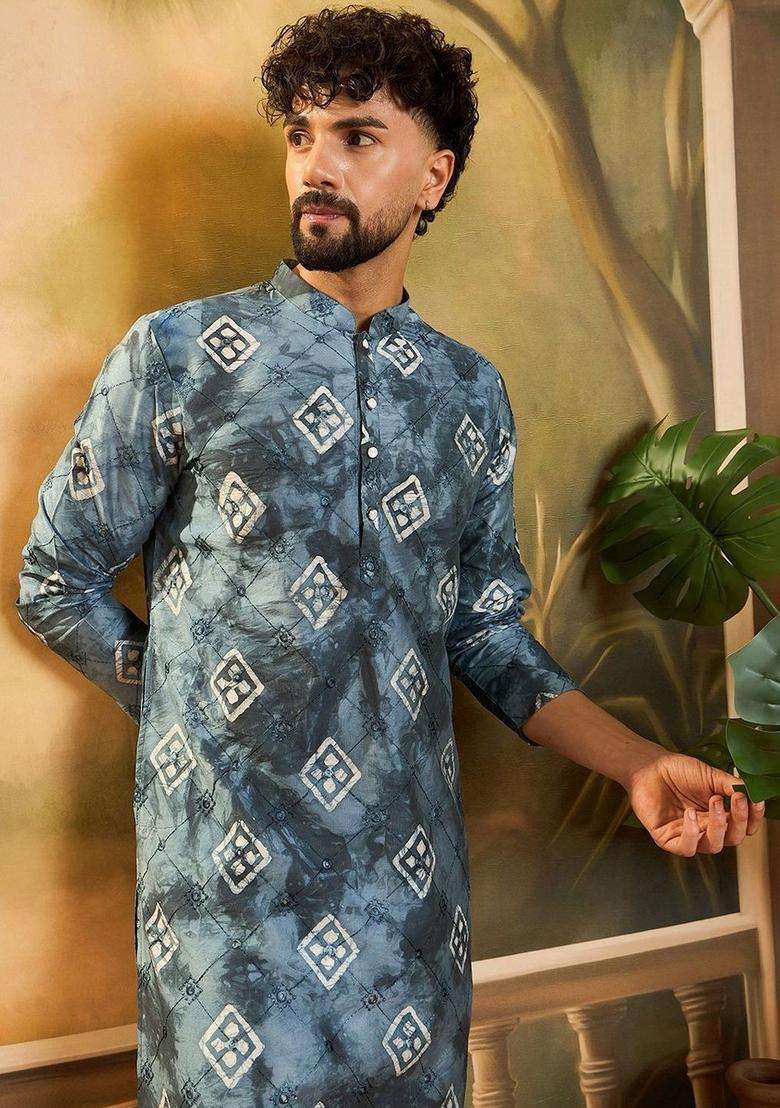 Blue Printed Viscose Kurta Set For Men - Indya