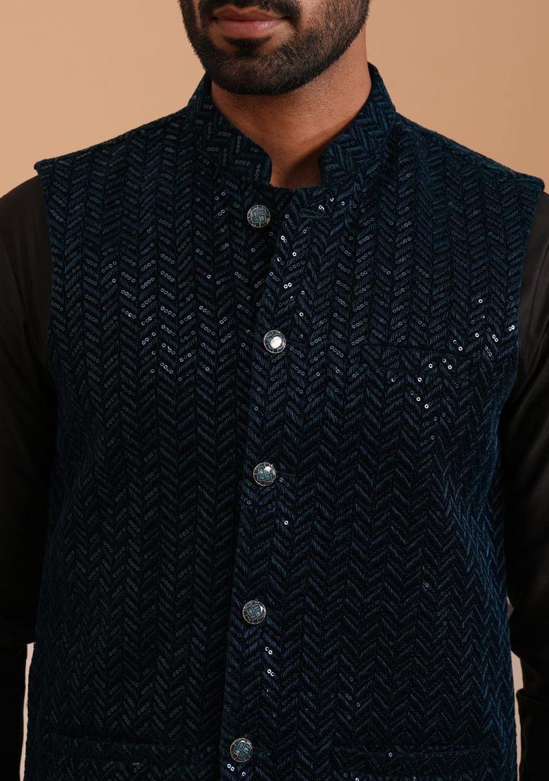 Black Solid Velvet Kurta Set For Men - Indya
