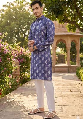 Purple Printed Polyester Kurta Set For Men