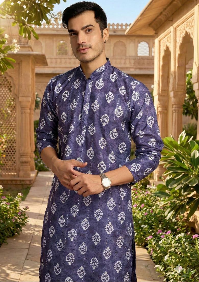 Purple Printed Polyester Kurta Set For Men - Indya