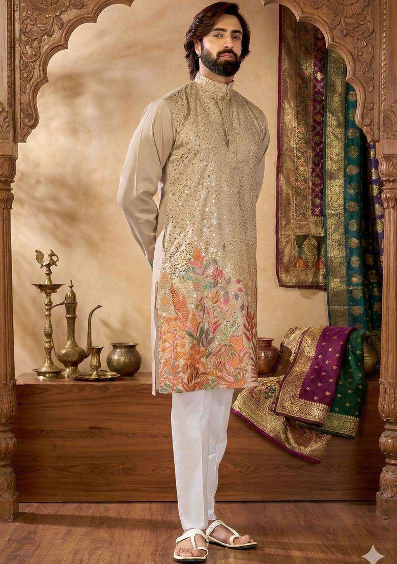 Beige Embroidered Cotton Kurta Set For Men - Indya