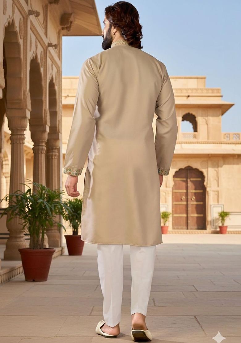 Beige Embroidered Cotton Kurta Set For Men - Indya