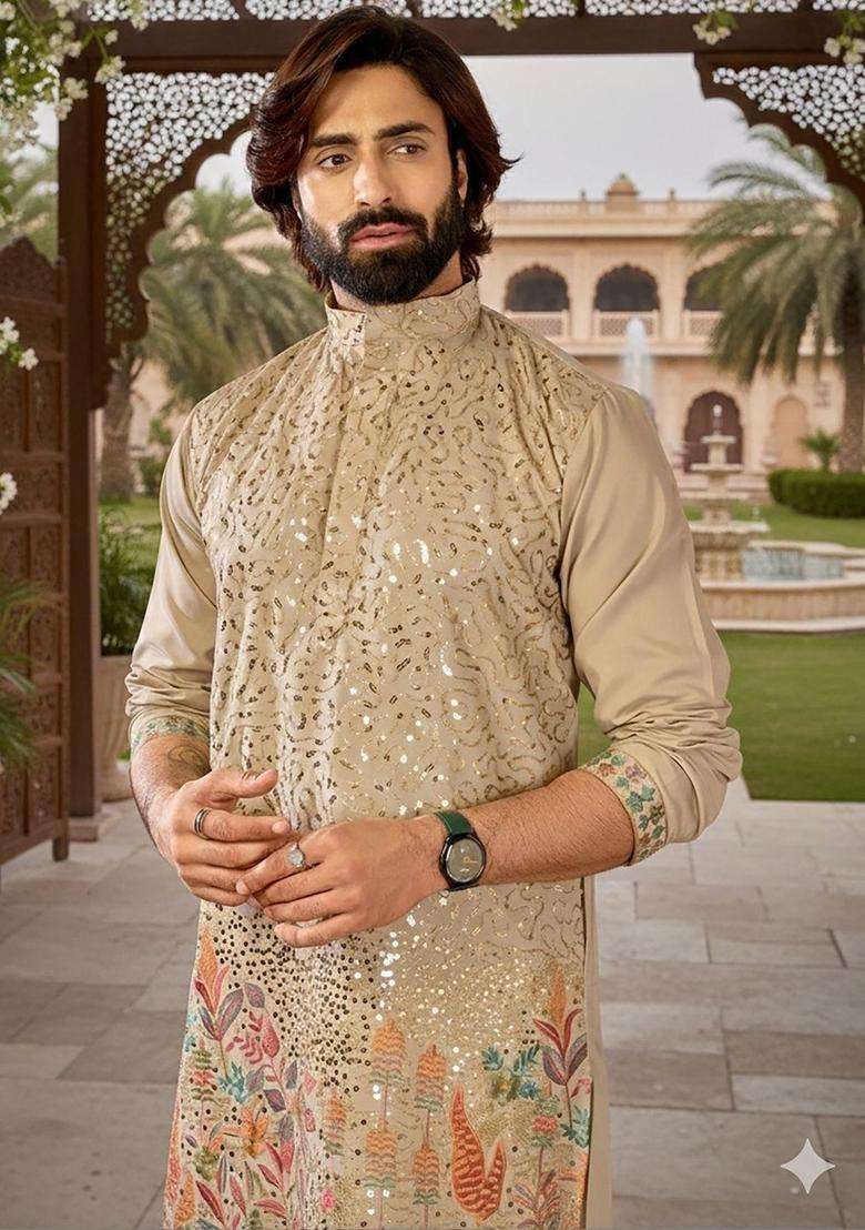 Beige Embroidered Cotton Kurta Set For Men - Indya