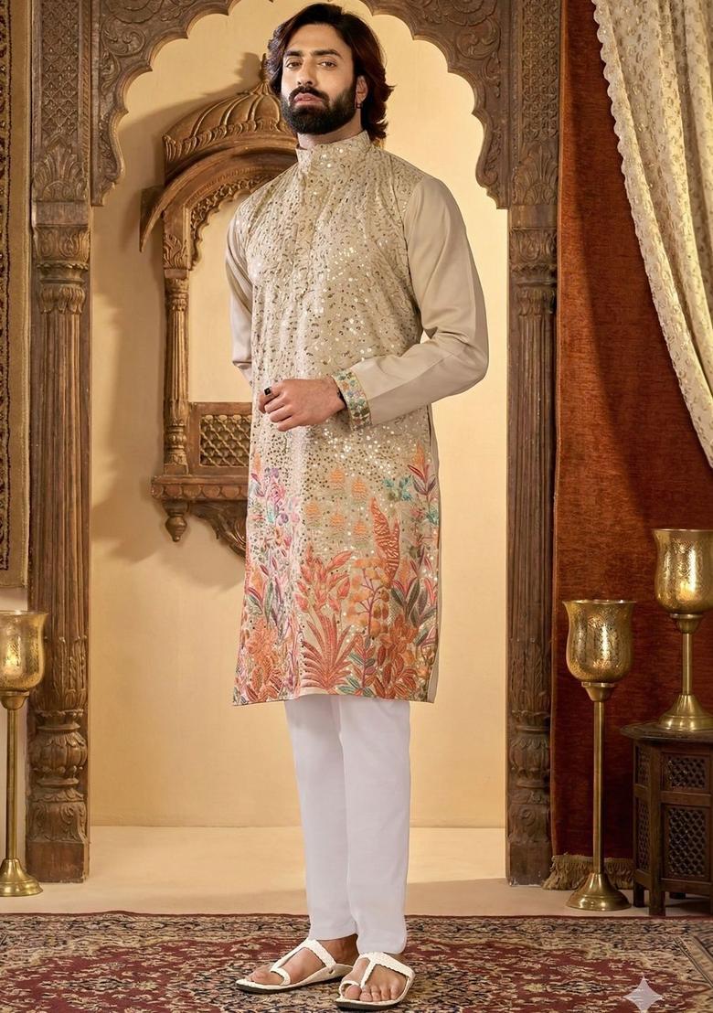 Beige Embroidered Cotton Kurta Set For Men - Indya