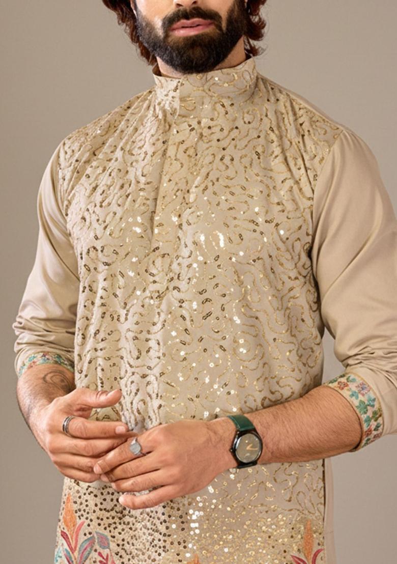 Beige Embroidered Cotton Kurta Set For Men - Indya
