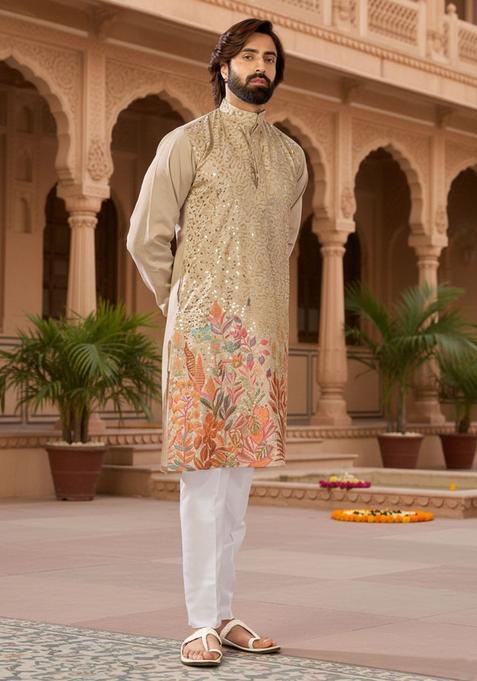 Beige Embroidered Cotton Kurta Set For Men