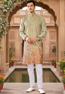 Green Embroidered Polyester Kurta Set For Men