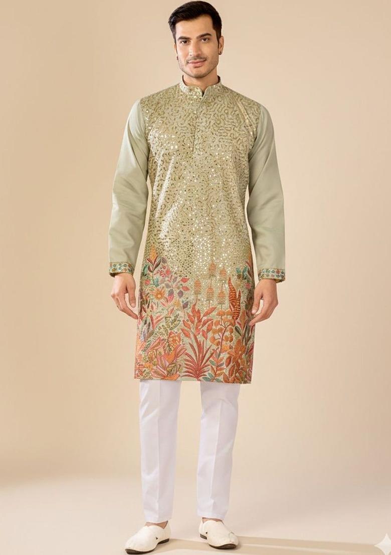 Green Embroidered Polyester Kurta Set For Men - Indya