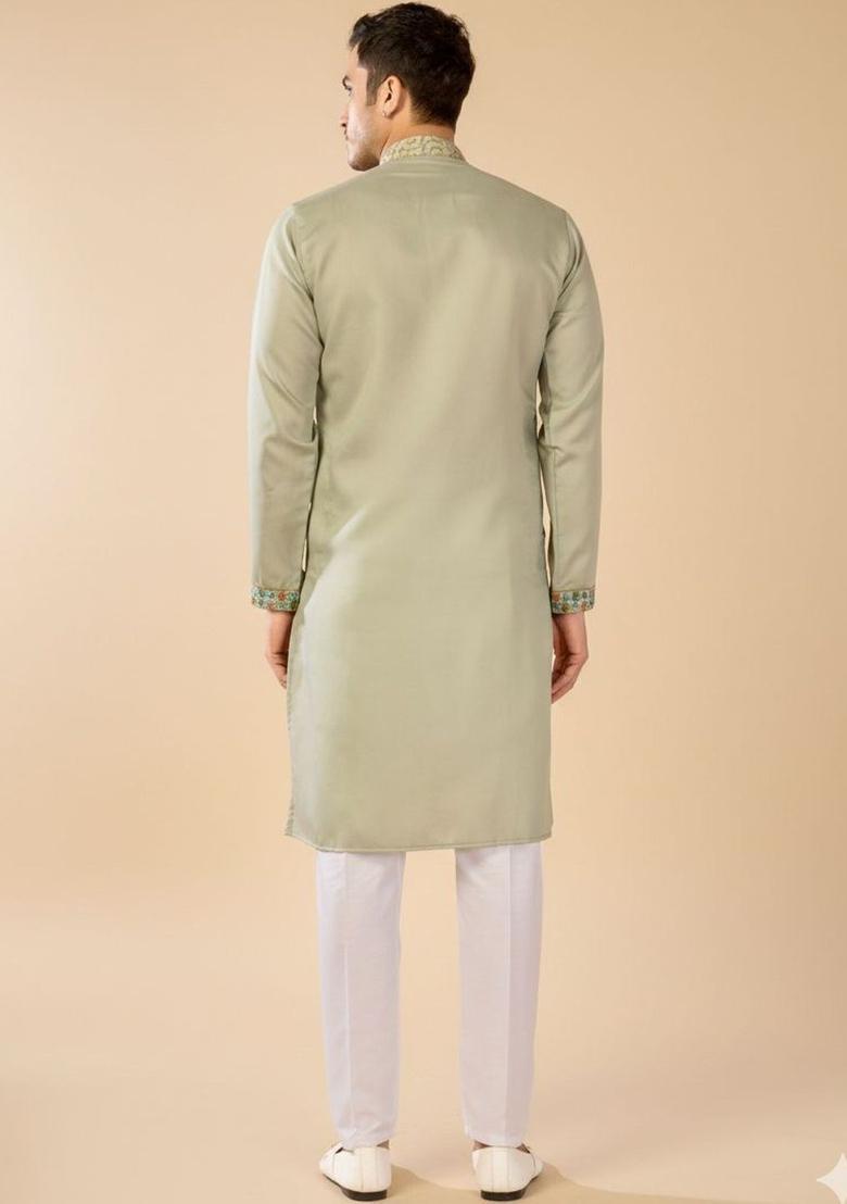 Green Embroidered Polyester Kurta Set For Men - Indya